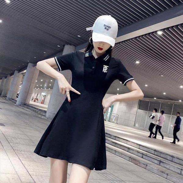 

polo t shirt dress striped women tanks short sleeve summer elegant embroidery tennis dresses female casual preppy style a line, White