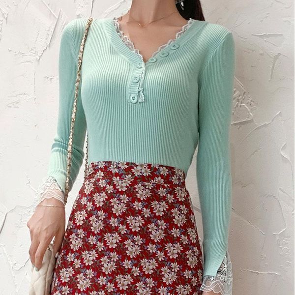 

women's sweaters autumn women elegant lace pullover woman sweater v-neck bodycon jumper flare sleeve long solid knitted, White;black