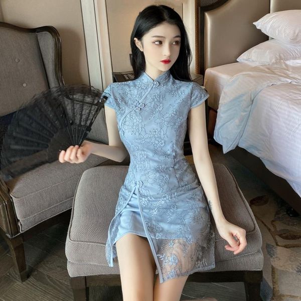 

ethnic clothing fashion women elegant slim cheongsam korean lady pink blue lace sweet party dress chinese style split qipao vintage vestidos, Red