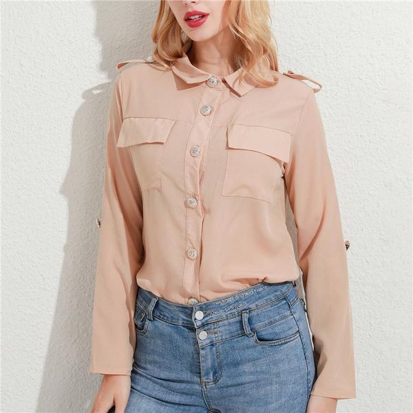 

office ladies blouse casual long sleeve solid color button tee fashion women formal women's blouses & shirts, White