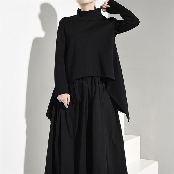 

[eam] new spring autumn high collar long sleeve black irregular hem loose big size sweatshirt women fashion tide jk3970 201126