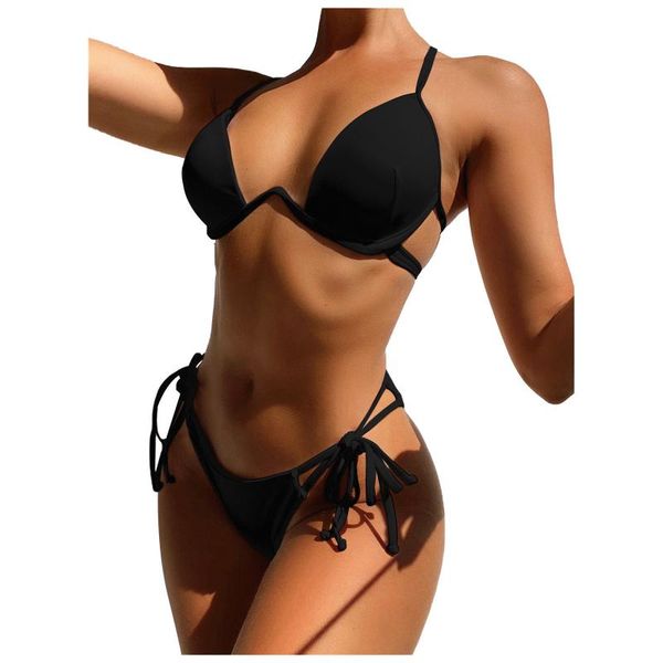 

women's bikini solid set swimsuit two piece filled bra swimwear beachwear