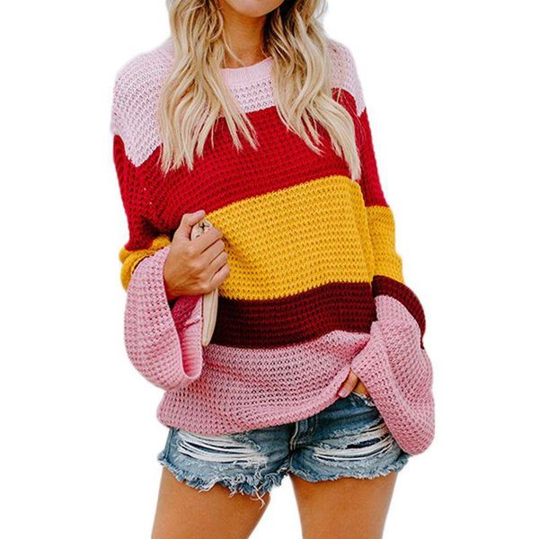 

women's sweaters 2021 spring vogue o-neck women sweater rainbow color casual pullovers flare sleeve striped loose sweather sr014, White;black