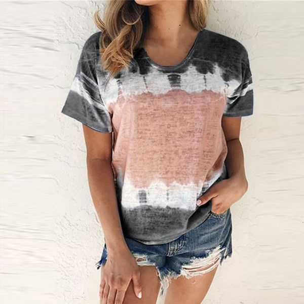 

casual -shirt s-5xl women color block tie-dye patchwork around the neck summer raiow gradient women's clothing tea, White