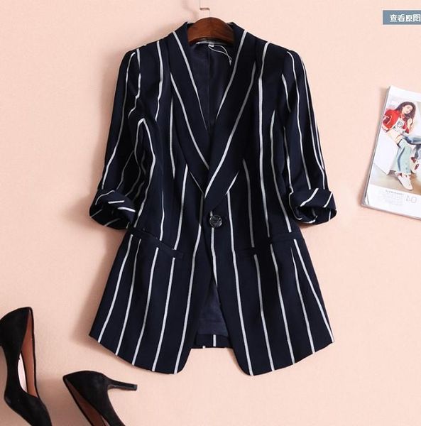 

women's suits & blazers 2021 real blazer feminino cropped sleeves striped one button coat ladies business suit cardigan jacket, White;black