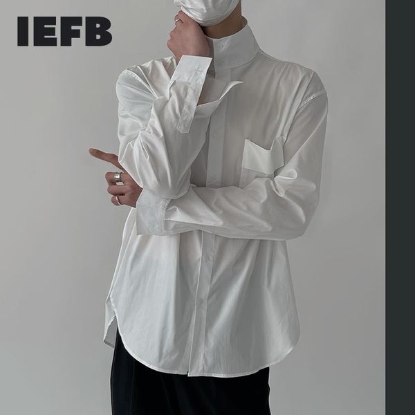 

men's casual shirts iefb 2021 spring high collar long sleeve white shirt for men single pocket loose cuasal japan style irregular clot, White;black
