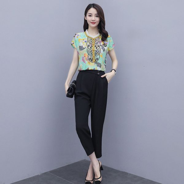 

2021 summer chiffon set for women new temperament elegant ol suit fashion printed short sleeve blouse and pants 2pcs y367 ihyp, Black;gray