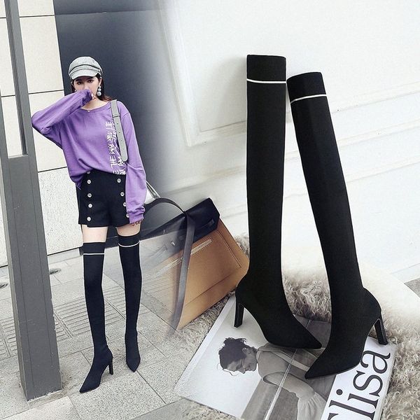 

brand woolen sock boots woman slim leg stovepipe botas long thigh high botines winter stretch bota feminina thin high heels shoe ridin e85i#, Black