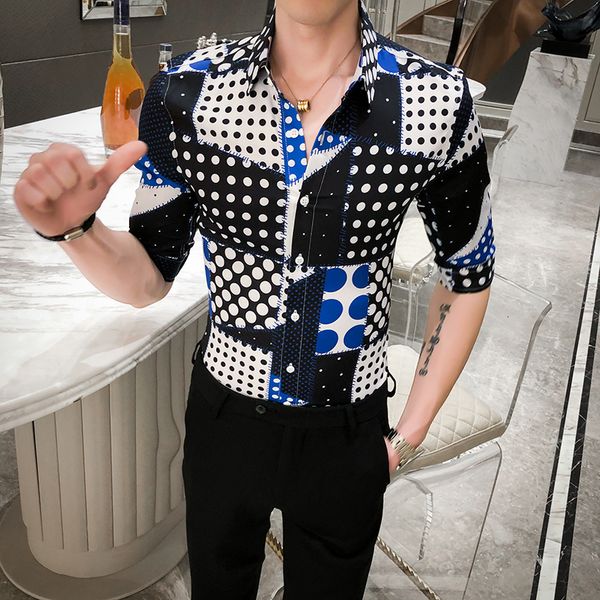 

men's 2021 new polka dot shirt, british style, summer, 's fashion, streetwear, half sleeve, slim fit casual shirts, tuxedo 3x-m ta, Black;brown