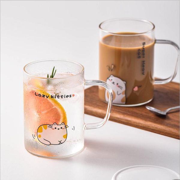 

mugs 450ml cute cat glass with spoon and lid coffee tea milk breakfast cups handle drinkware nice gifts