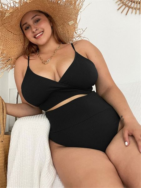 

plus plain high waisted bikini swimsuit p6vg#, Black
