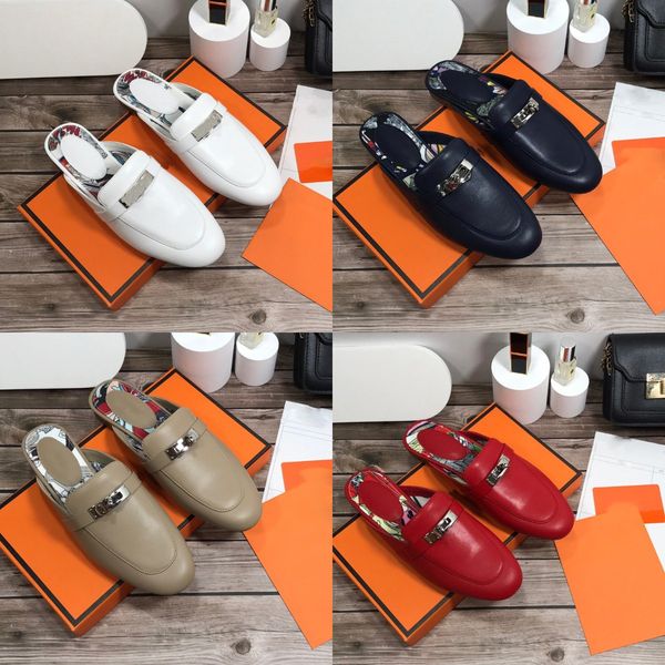 

designer oz mules slippers genuine leather sandals princetown kelly metal chain shoe women lazy loafers luxury lady slipper size, Black