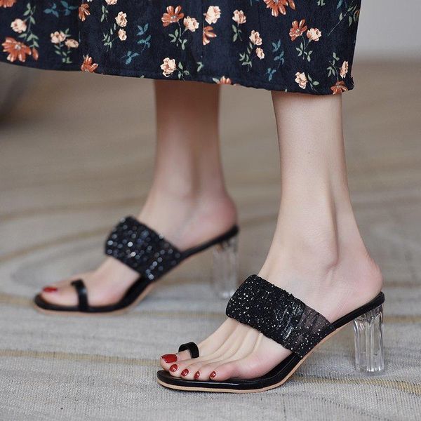 

2021 summer new outer wear a word with high-heeled slippers fairy wind sandals female lace transparent thick heel slippers z888, Black