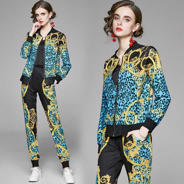 

autumn fashion casual women printed jacket + pants suit female 2 piece set suits 210531, White