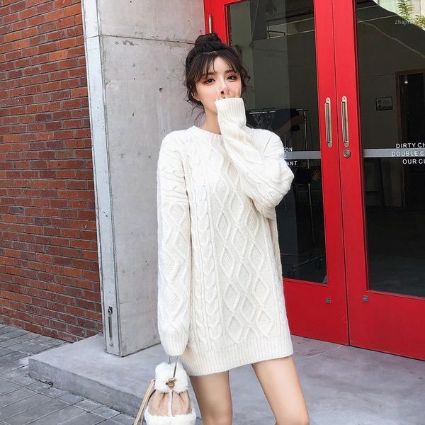 

style autumn and winter thickened medium length wool dress loose lazy pullover knitted sweater for women women's sweaters, White;black