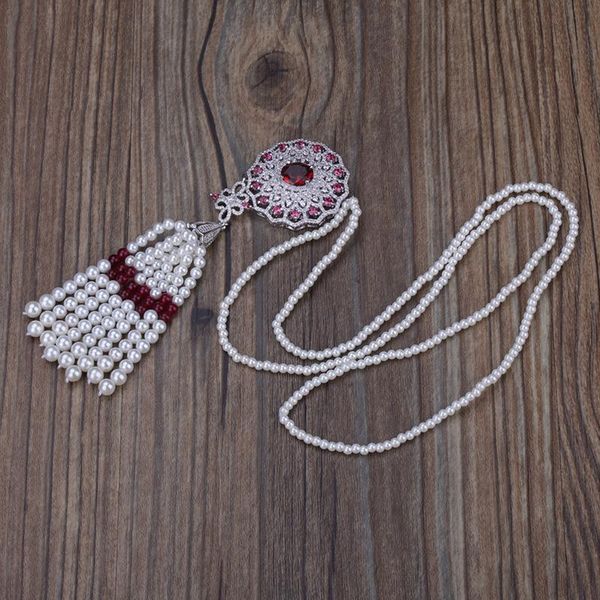 

pendant necklaces boho bohemia white pearl beaded tassel with wine red dark blue cz crystal charm beads chain necklace for women, Silver