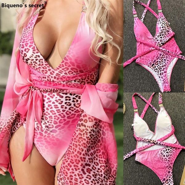 

one-piece suits bandage belted leopard bodysuit crystal swimsuit monokini swimwear women pink brazilian rhinestone beachwear
