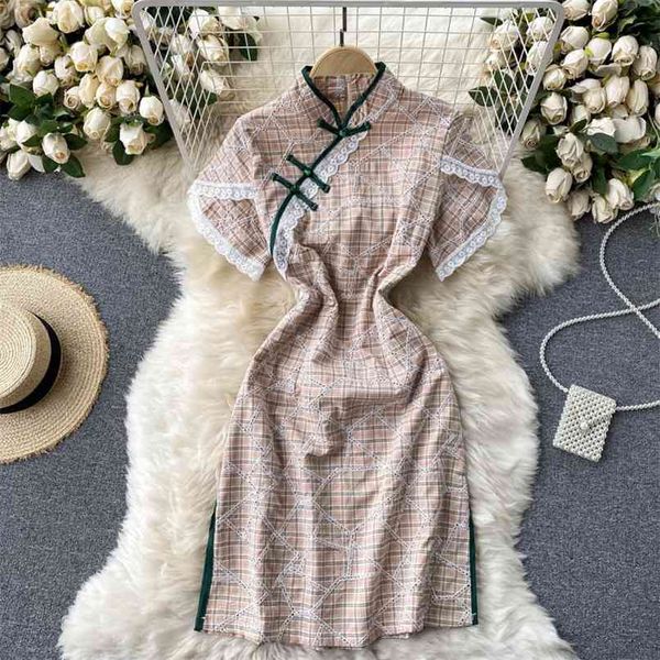 

women fashion vintage checkered cheongsam stand collar buckled wood ear short-sleeved thin package hip dress vestidos r683 210527, Black;gray