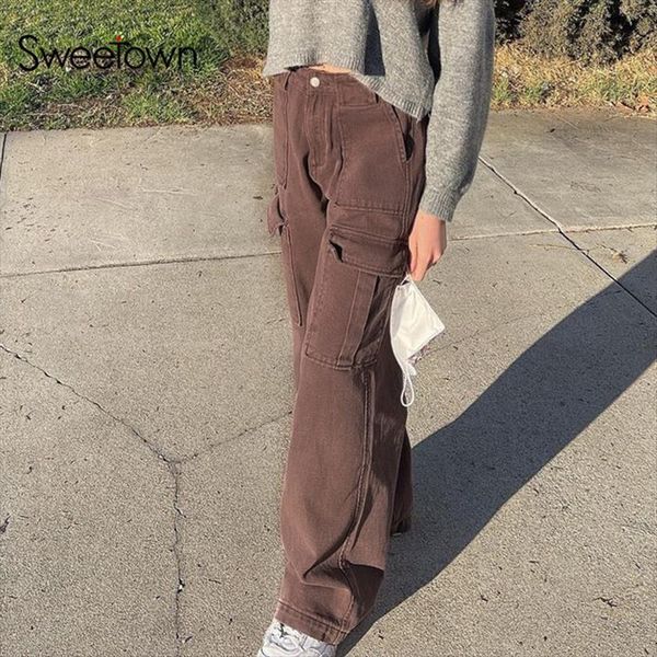 

sweetown vintage y2k baggy womens jeans wide leg brown fashion denim pants mid waist cargo streetwear capris, Blue