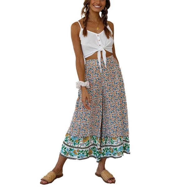 

women's pants & capris 2021 women floral printed boho flare high elastic waist soft stretch trousers bohemian style bell bottom hippie, Black;white