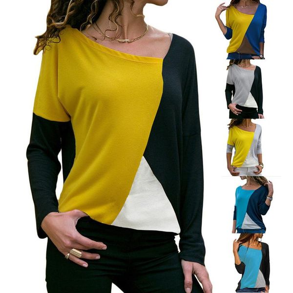 

women's t-shirt zogaa 2021 t-shirts color block long sleeve casual cotton skew collar t shirt women patchwork shirts loose, White