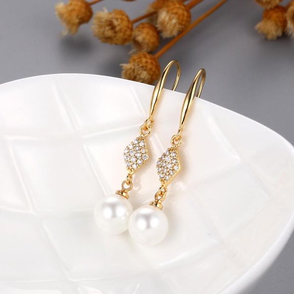 

trendy cubic zirconia white pearl gold earrings crystal long earrings for women korean jewelry, Silver