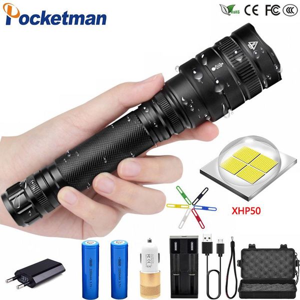 

55000lm 50w high power xhp50 powerful tactical led torch zoom lens 2pcs 18650 battery 4400ma
