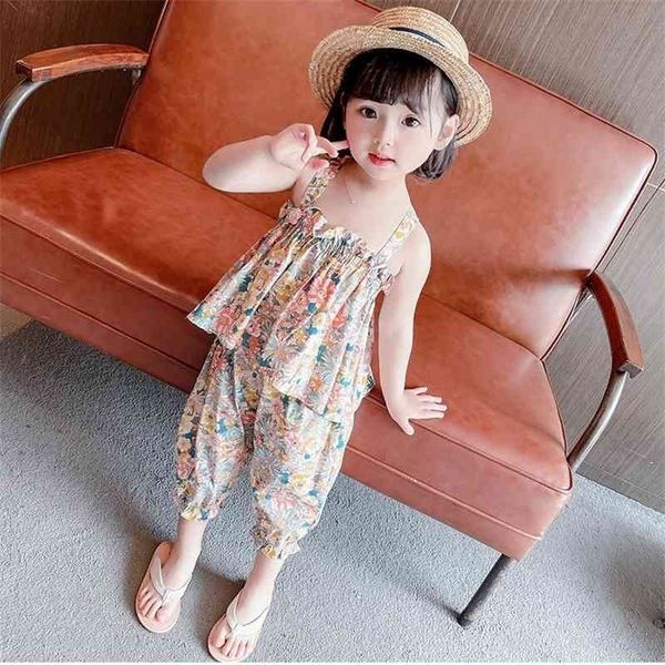 

summer arrival girls fashion floral 2 pieces suit pants kids clothes 210528, White