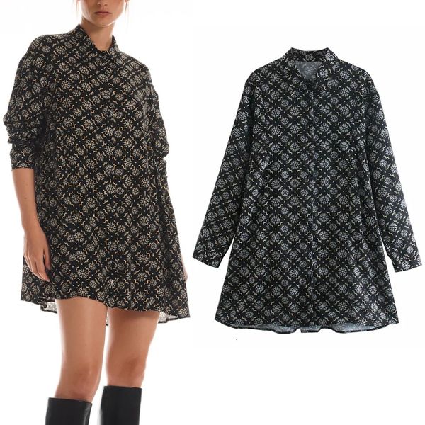 

Vintage 2021 New Printed Black Shirt Women Collared Long Sleeve Mini Dress Woman Fall Button Up Loose Casual Dresses L08u 2PC2, Black;gray