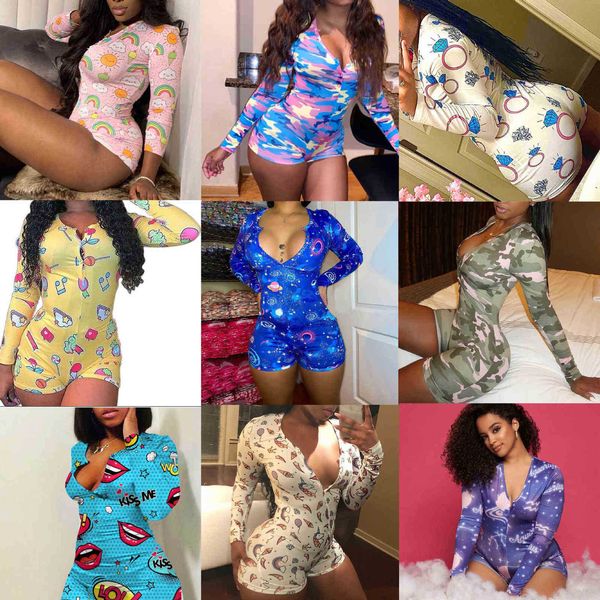 

v-neck camouflage lipstick printed long sleeve digital printed shorts tight pants women jumpsuits amp rompers, Black;white