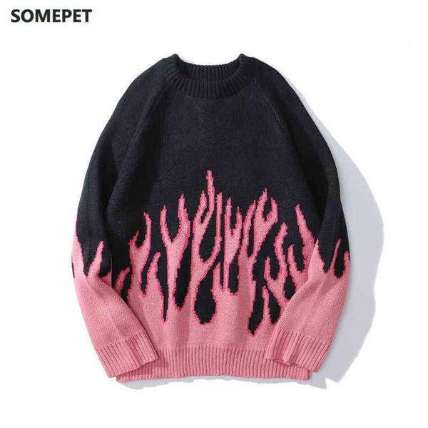

pink flame off shoulder sweater men women autumn oversized men's sweater knitwear men clothing y1110, White;black