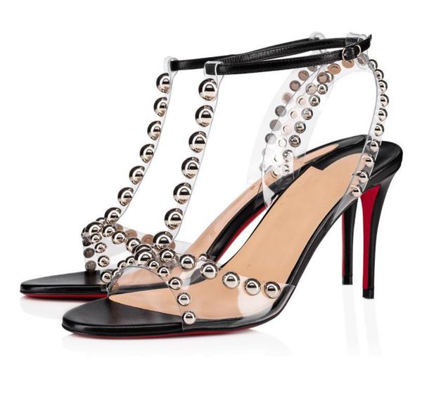 

original box]famous design faridaravie pvc studs women's red bottom sandals lady high heels luxury party dress wedding eu35-43,with bo, Black