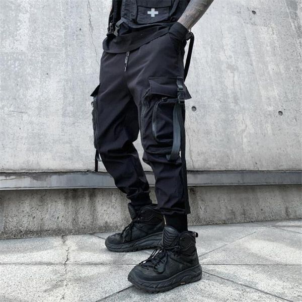 

2021 spring autumn ribbons buckle casual cargo pants man hip hop techwear joggers japanese fashion trousers streetwear, Black