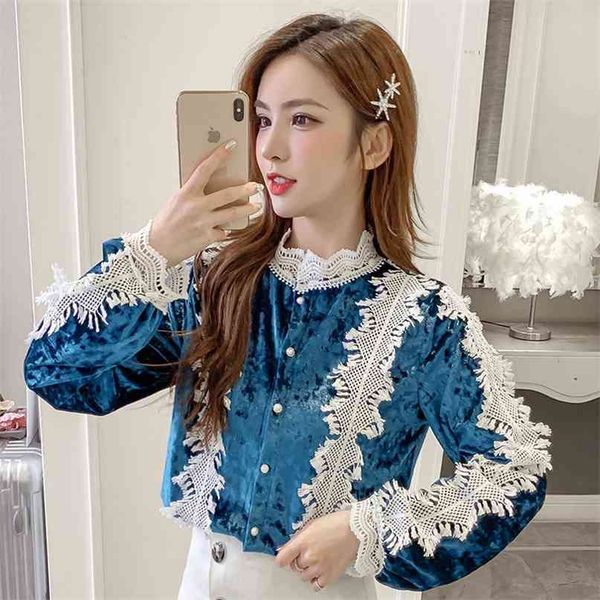 

autumn korean loose lace stitching stand collar shirt women's long-sleeved solid color velvet camisas mujer blouse n993 210527, White