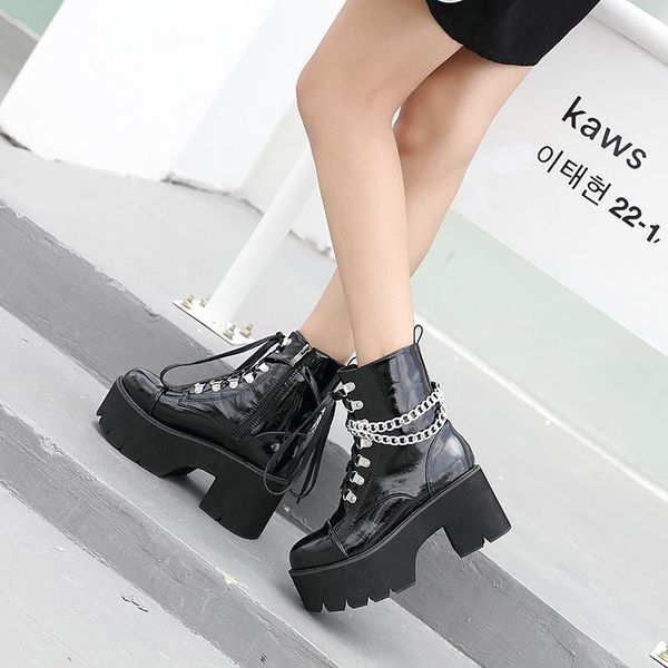 

boots winter women high heel lace up patent leather, Black