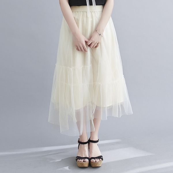 

yarn skirt half-length skirt female spring and summer high waist thin a-line skirt drape elastic waist loose mid-length 210706, Black