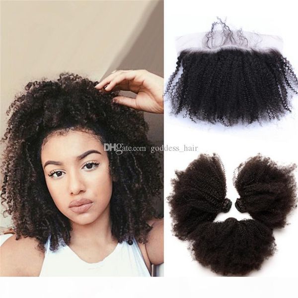 

afro kinky curly hair bundles with lace frontal closure middle three part ear to ear lace frontal with bundles 4pcs lot, Black