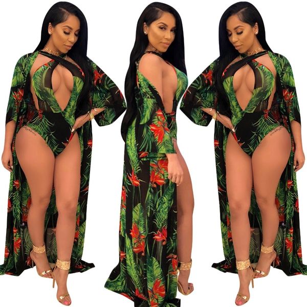 

women swimsuit beach wear floral print high cut deep v-neck bandage bikini set +cover up 2 pcs set swimsuit 3colors 210317, White;black