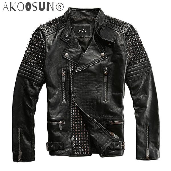 

women's leather & faux seveyfan punk rivet genuine jacket men black slim motorcycle biker real cowhide for male 2021 r3408