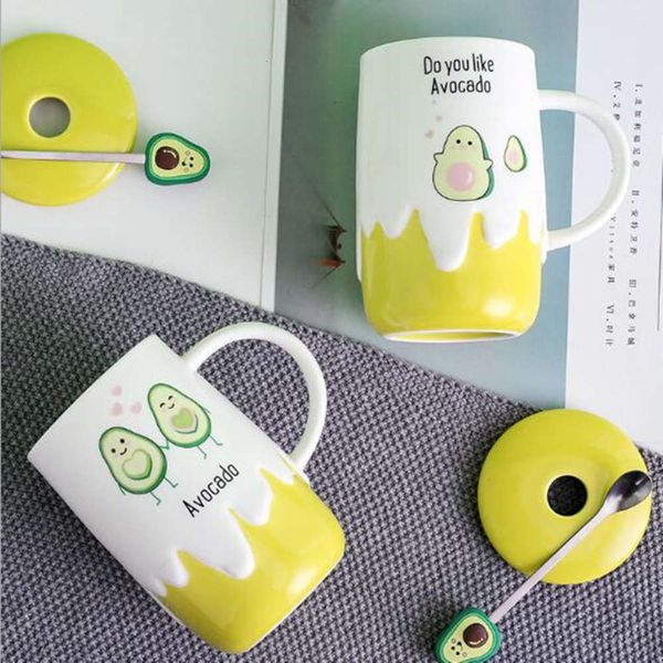 

480ml cute avocado cup mug large capacity coffee mug with spoon and cup lid ceramic milk tea cups kawaii gift for kids creative