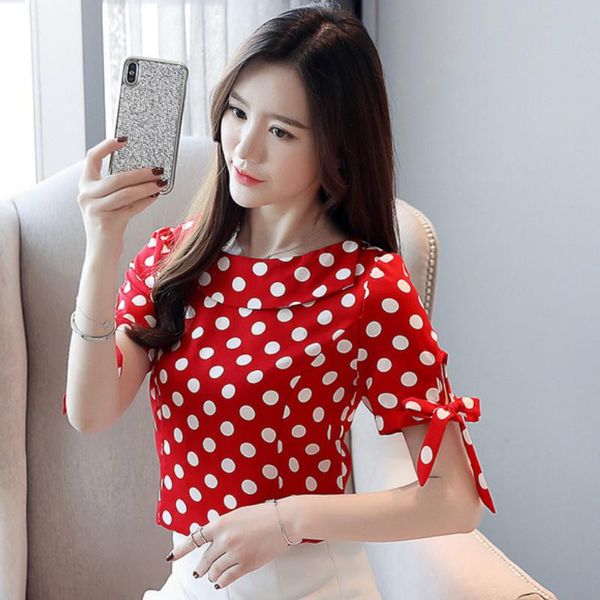 

women's blouses & shirts women and blouse 2021 short sleeve chiffon shirt ladies slash neck polka dot, White