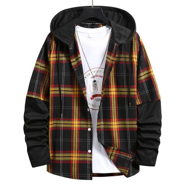 

men's hoodies & sweatshirts luclesam 2021 men splicing check mens plaid hooded shirt polerones de hombre harajuku clothes, Black