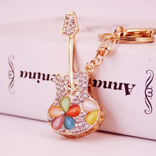 

keychains crystal guitar car key chain rhinestone instrument music keychain cute gift bag pendant ring jewelry accessories, Silver