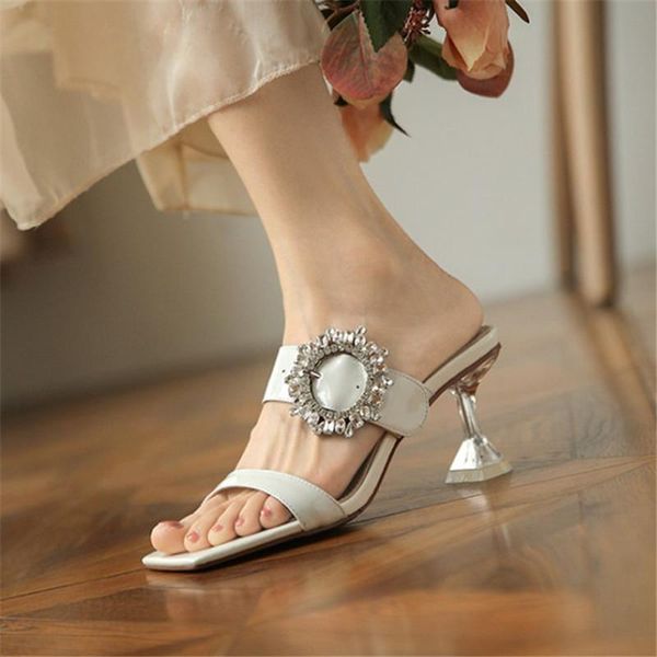 

slippers pxelena brand crystal women modern genuine leather slides outdoor 2021 summer shoes strange high heels silver white, Black