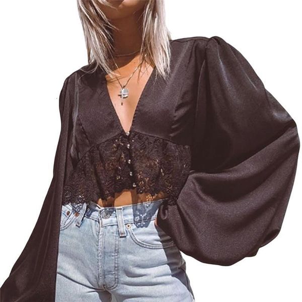 

women long lantern sleeve blouse fashion elegant beach office lady shirt crop deep v neck lace floral blusa fall 2021, White