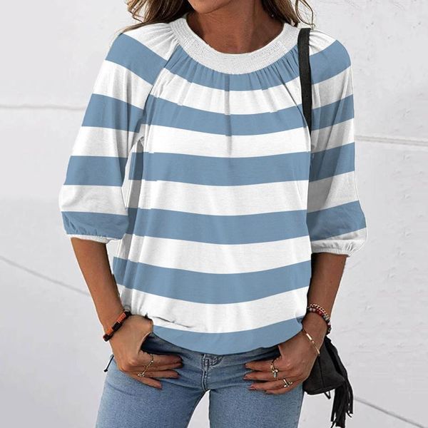 

women's blouses & shirts shirt striped printed round neck blouse 3/4 sleeve loose pleated office female casual vintage elegant, White