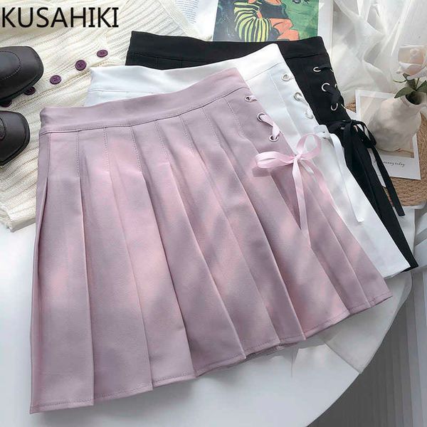 

korean side cross bow tie skirts womens high waist pleated a-line mini skirt causal faldas mujer moda 6g352 210603, Black