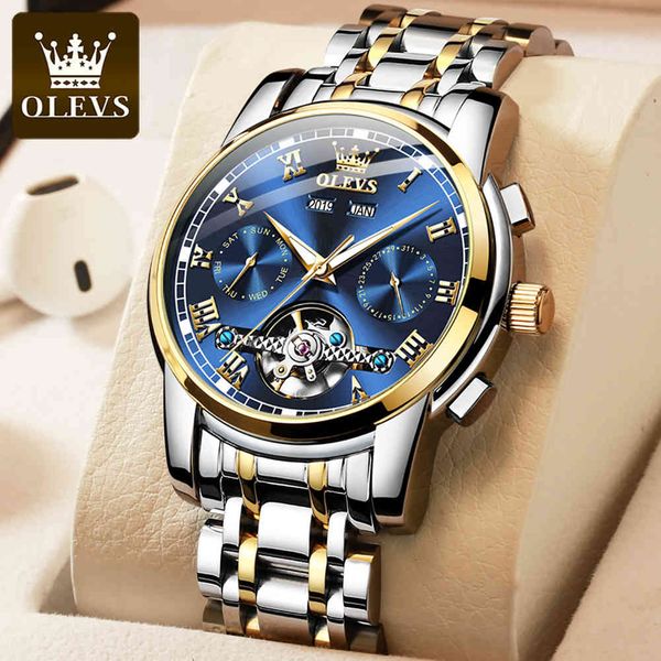 

olevs 2021 fashion gentlemen watches fire luxury mechanical blue men waterproof clock relogio masculino, Slivery;brown