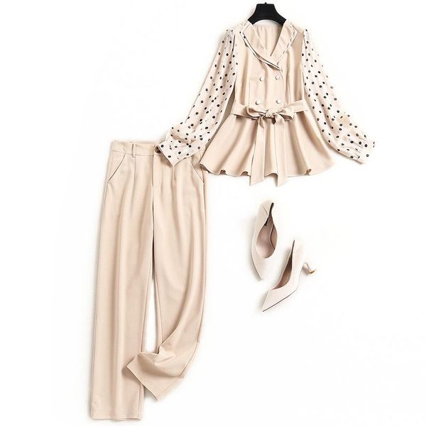 

women's two piece pants women elegant and suits spring summer 2021 polka dot patchwork double breasted shirts trousers set beige, White