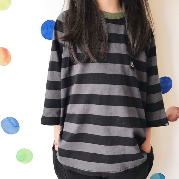 

new dyed 2021 yarn children's black grey spring stripe 3 / 4 sleeve t-shirt, Black;white